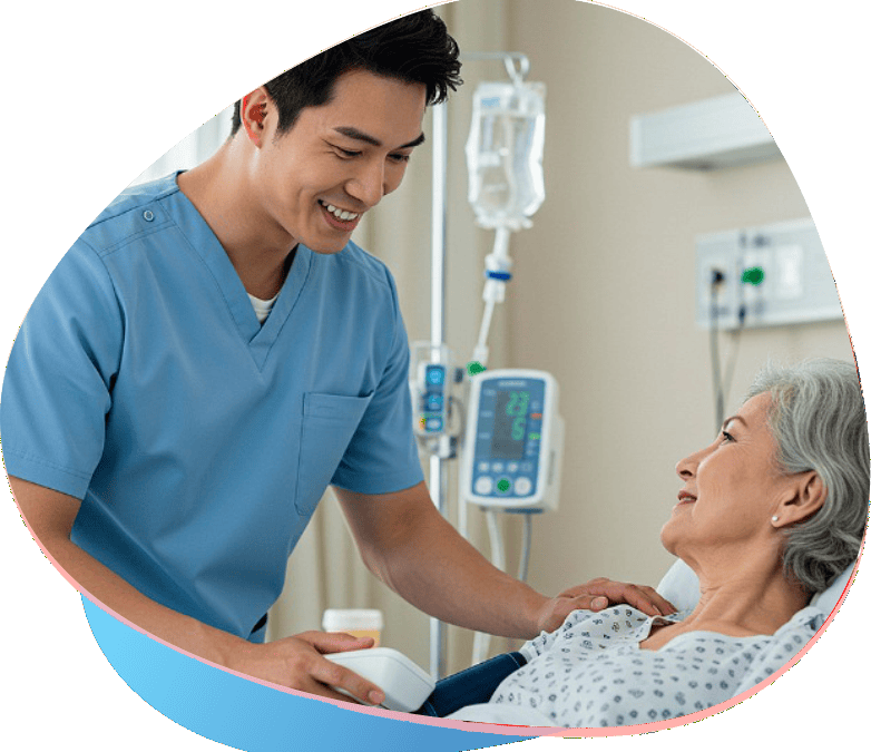 Enfermeiro oferece tratamento pós-operatório para paciente de diabetes.