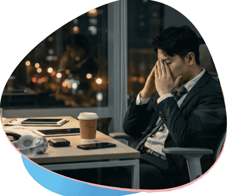 Homem trabalhando à noite no escritório e precisa se cuidar com o tratamento de diabetes.